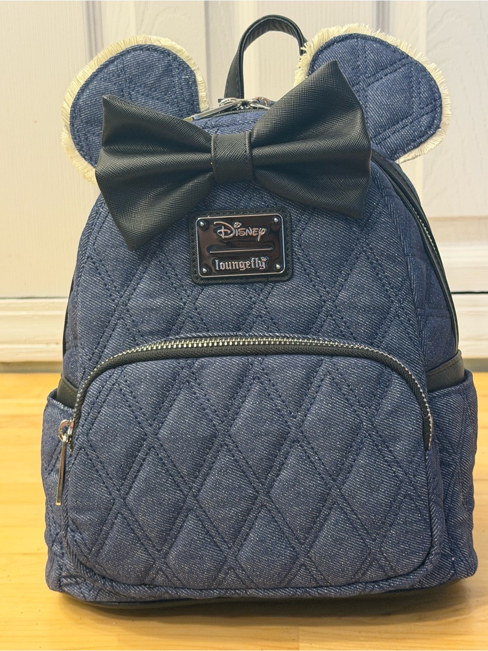 Loungefly Denim Quilted Kids Mini Backpack with Black Bow